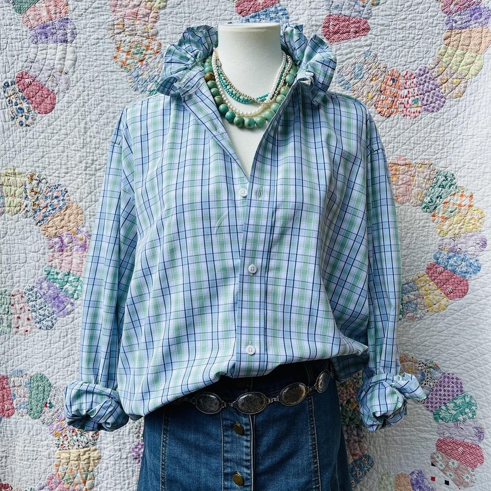 Upcycled Vinyard Vines Coastal Sky & Turquoise Check Ruffle Collar Shirt L